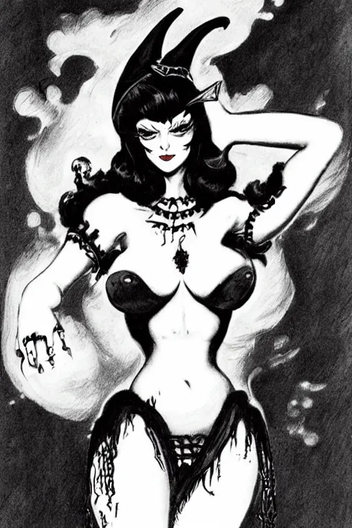 Image similar to of a witch girl burlesque psychobilly punk, detailed face, black hair, white background, drawing, illustration by frank frazetta