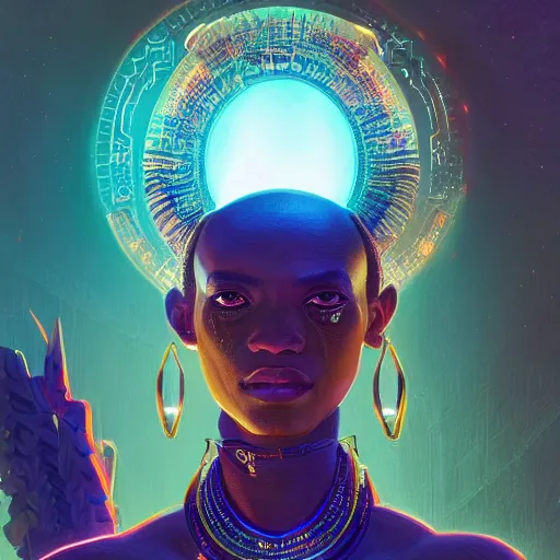 Image similar to highly detailed portrait of an african neon egyptian goddess, intricate alien technology, stephen bliss, unreal engine, fantasy art by greg rutkowski, loish, rhads, ferdinand knab, makoto shinkai and lois van baarle, ilya kuvshinov, rossdraws, tom bagshaw, global illumination, radiant light, detailed and intricate environment