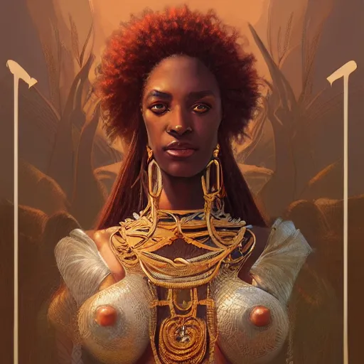 Image similar to an african goddess, kemetic, D&D, fantasy, intricate, elegant, highly detailed, digital painting, artstation, concept art, matte, sharp focus, illustration, art by Artgerm and Greg Rutkowski and Alphonse Mucha