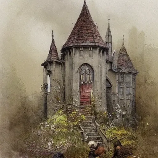 Image similar to (((((((Gothic revival castle gatehouse))))))) . muted colors. by Jean-Baptiste Monge !!!!!!!!!!!!!!!!!!!!!!!!!!!!!!!!!!!!!!!! ((((((((((((((((((watercolor sketch))))))))))))))))))