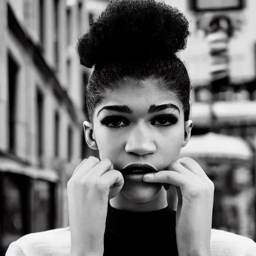 Image similar to black and white fashion photograph, highly detailed portrait of a depressed Zendaya as a drug dealer on a busy Paris street, detailed face looking into camera, eye contact, natural light, rain, mist, lomo, fashion photography, film grain, soft vignette, sigma 85mm f/1.4 1/10 sec shutter, Daren Aronofsky film still promotional image, IMAX 70mm footage