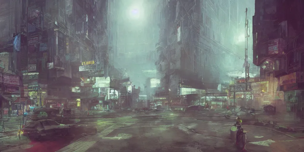 Prompt: a guatemalan solitary cyberpunk city, abandoned with neon ads and signs with evocative dramatic mood, fog, by jeremy mann and alphonse mucha, fantasy art, photo realistic, sunshaft, bloom, imax, dynamic lighting, artstation, poster, volumetric lighting, very detailed faces, 4 k, award winning