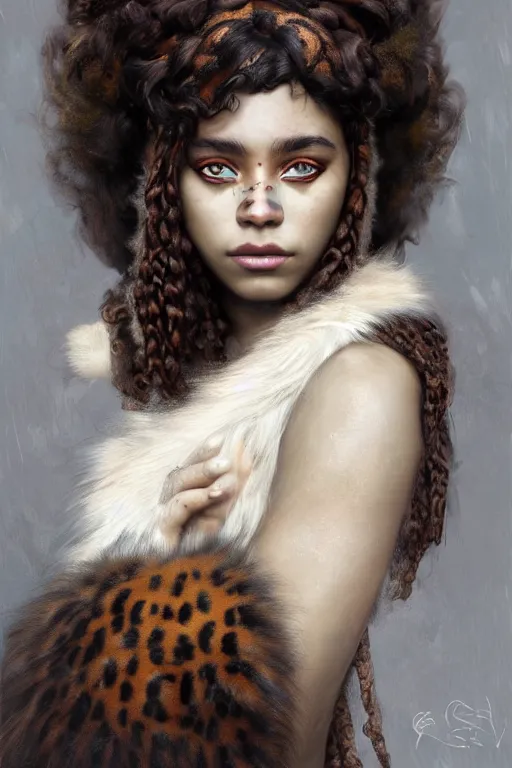 Image similar to portrait of a beautiful young aztec girl with vitiligo, covered in jaguar fur cloths, different colored eyes, curly black and brown hairs, by greg rutkowski and alphonse mucha, d & d character, gradient white to silver, highly detailed portrait, digital painting, artstation, concept art, smooth, sharp focus ilustration, artstation hq