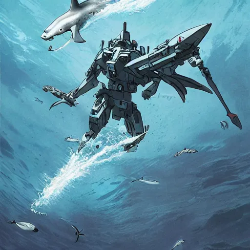 Prompt: shark gundam, amphibious combat mecha stepping onto a beach holding a scifi weapon, over - under shot, realistic, cyborg assassin by wayne barlowe, pascal blanche, victo ngai