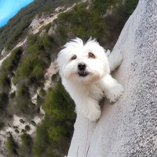 Image similar to a cream-colored havanese dog rock climbing, gopro photo, 4k