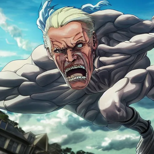 Prompt: joe biden, as a titan, kicking a florida mansion, attack on titan, anime key visual, wit studio official media, beachfront mansion, huge smashed mansion, giant kicking foot, smoke and rubble, high detail, kicking, kicking, kicking