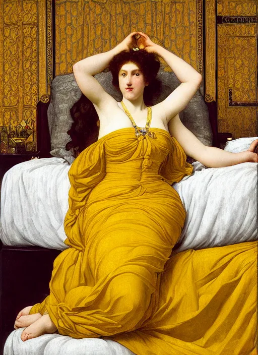 Prompt: masterpiece portrait of lady reclining on bed, draping flowing raising twisting rising sheets floating flying curling, wearing yellow ochre ornate medieval dress, vertical, foreshortening, colour photography by frederic leighton, william morris, 8 k