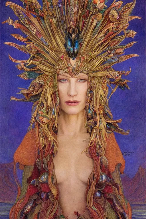 Image similar to cate blanchett , by jean delville and Gaston Bussière and Tino Rodriguez and Diego Rivera , elaborate headdress and embroidered velvet, iridescent beetles, rich color, dramatic cinematic lighting, extremely detailed