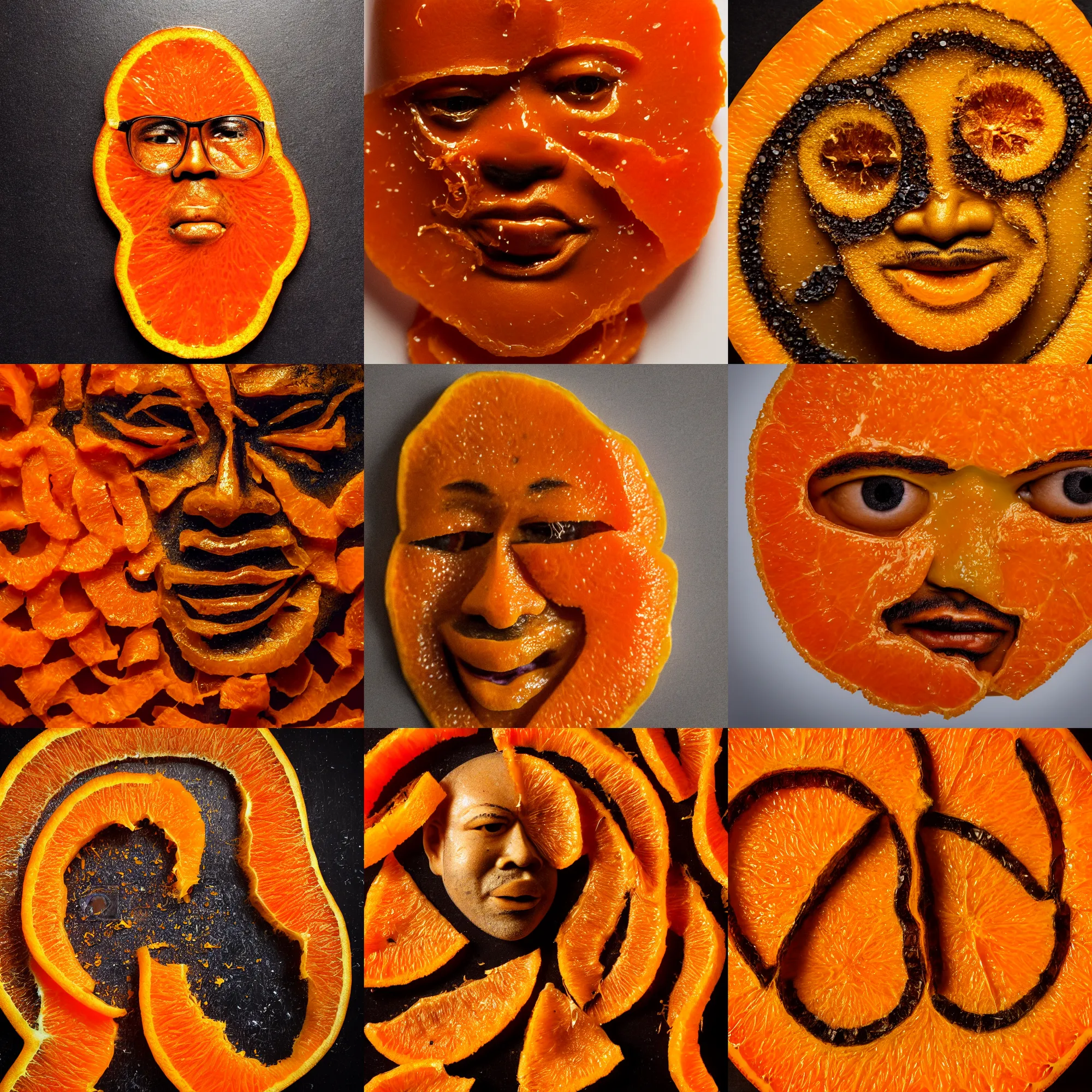 Prompt: orange peels that look like jordan peele, jordan peele's face made from orange peels on a plate, macro shot, high detail photo