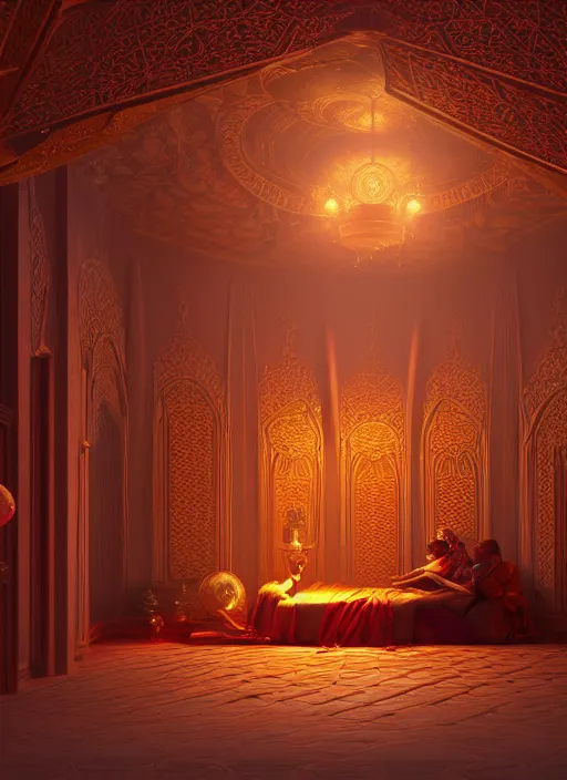 Prompt: beautiful interior of an ornate, intricate art nouveau arabian nights bedchamber, orientalism style, delphin enjolras, goro fujita, makoto shinkai, volumetric lighting, exquisite lighting, octane render, trending on artstation