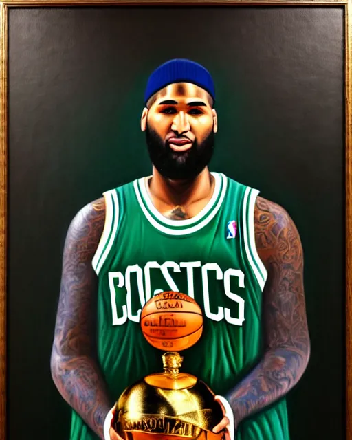 Image similar to portrait of demarcus cousins in boston celtics jersey, holding the larry o'brien trophy, oil on canvas by william sidney mount, champion, inspiring