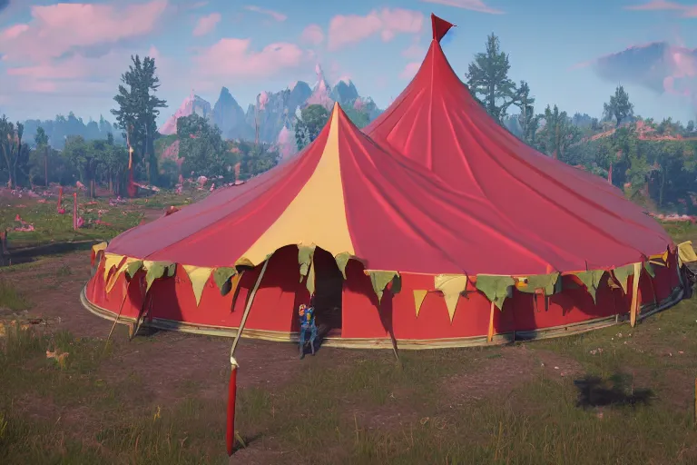 Prompt: 3d sculpt of a huge evil circus tent, artstaton, League of Legends, red dead redemption2, overwatch, digital illustration