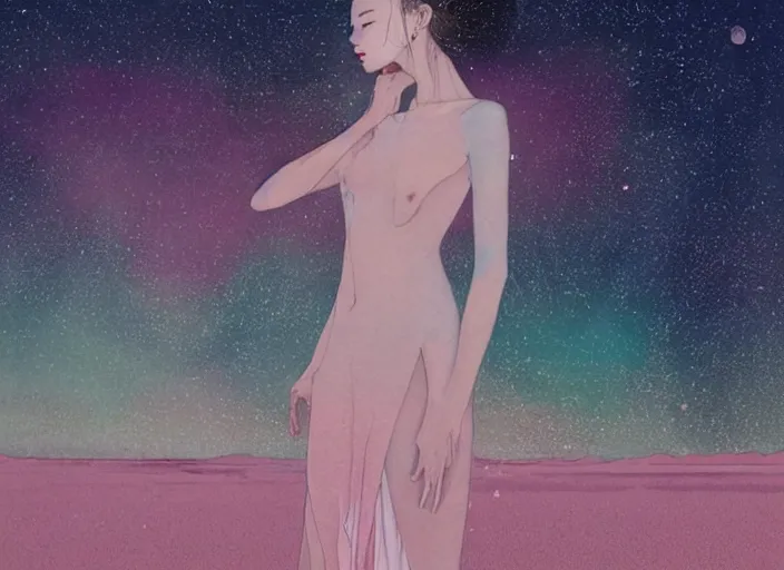 Image similar to lee jin - eun in luxurious dress emerging from pink and turquoise water in salar de uyuni with the ground reflecting the aurora borealis by takato yamamoto, james jean, conrad roset, m. k. kaluta, martine johanna, rule of thirds, elegant look, beautiful, chic, face anatomy, cute complexion