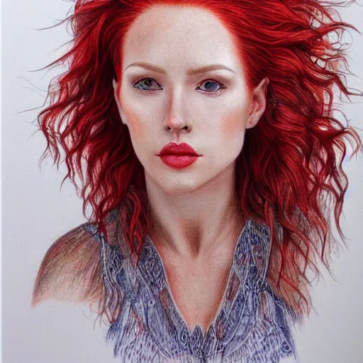 Prompt: full body detailed colored pencil drawing of a beautiful red haired woman with a beautiful face, high detail, intricate clothing