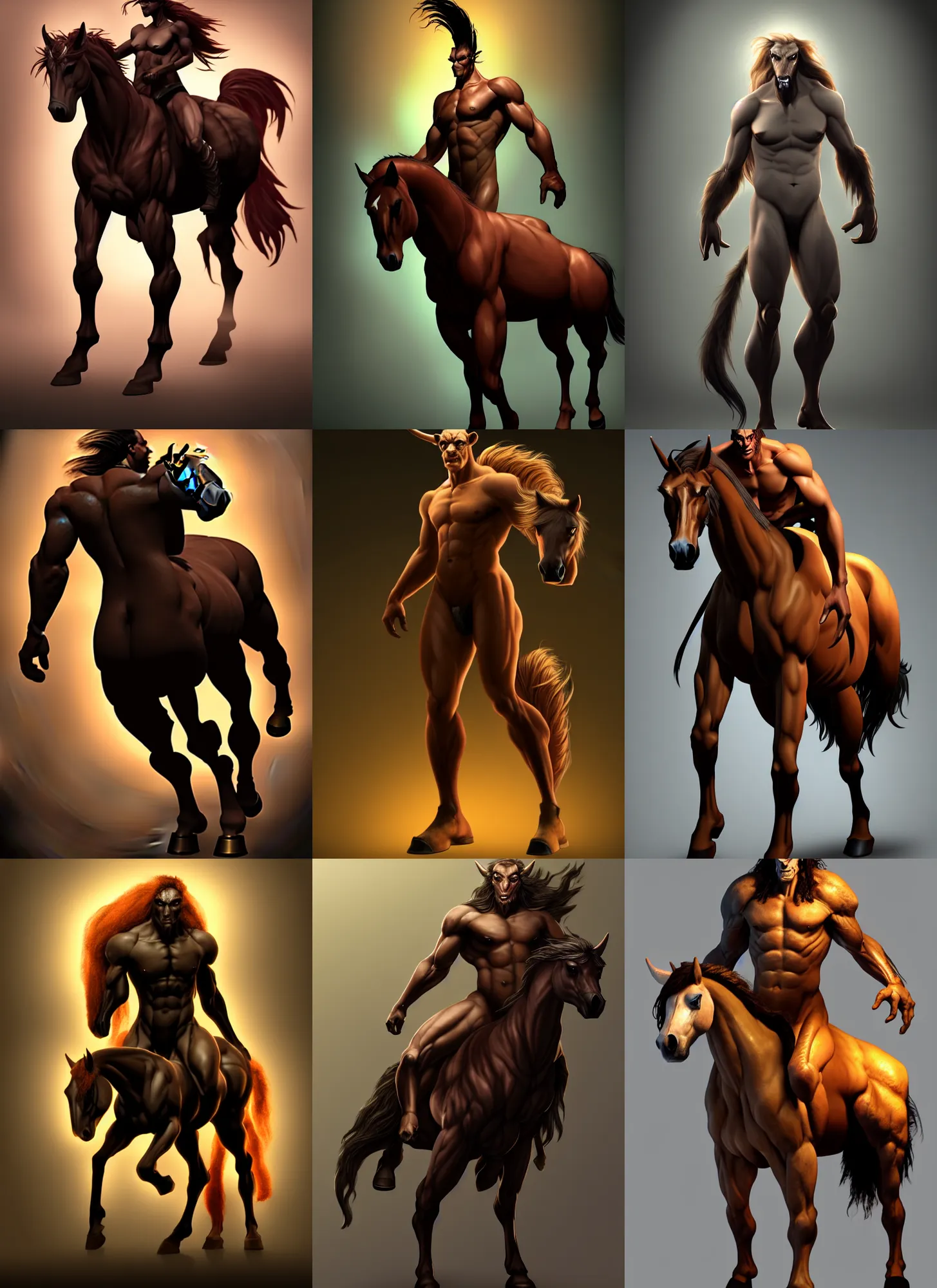 Prompt: studio photo of a dramatic lighting, character design of a ( ( horse ) ) human hybrid monster, centaur trending on artstation. monster character, human