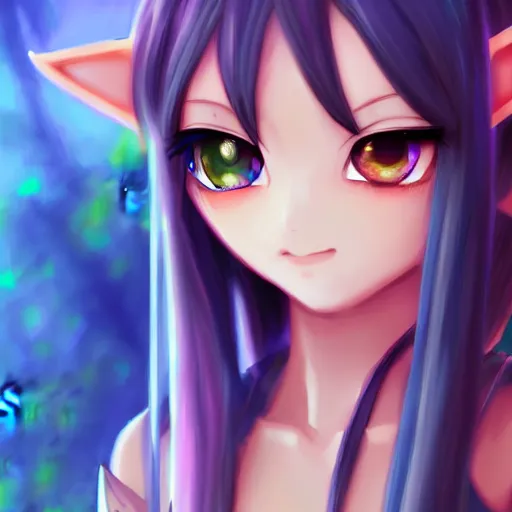 Image similar to adorable young cute anime elf girl, long black hair, detailed fantasy armor, smooth face. beautiful spark eyes. beautiful lineart. concept art adoptable, centered, chromatic aberration, noise, soft lighting, srgb, 4 k, cinematic