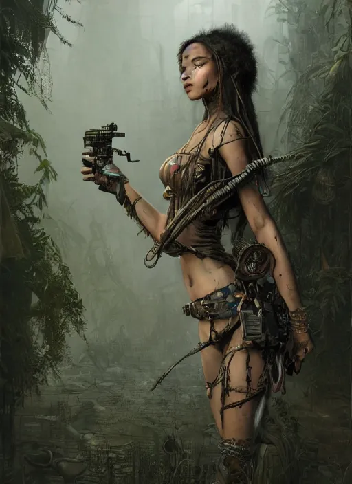 Prompt: portrait of a young very beautiful cute tribal woman with a steampunk gun, in a post apocalyptic city overgrown with lush vegetation, by Luis Royo, by Greg Rutkowski, dark, gritty, intricate, volumetric lighting, volumetric atmosphere, concept art, cover illustration, octane render, trending on artstation, 8k