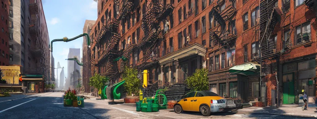 Image similar to realistic new york city street brooklyn, with large 3 d green pipes from super mario scattered on the buildings and on the street, sunny day, concept art on artstation, hyperdetailed, vray render, octane render,