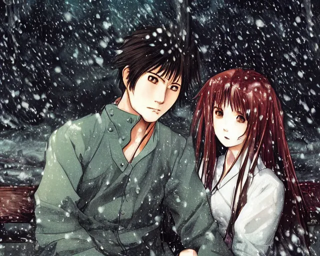 Prompt: hijikata toushirou, of a boy with short black hair and a girl with long flowing auburn hair sitting together on the porch of a cabin on a mountain overlooking a snowy forest. atmospheric lighting, long shot, romantic, boy and girl are the focus, cold lighting, snow, portrait, close up, concept art, intricate details, highly detailed by wlop