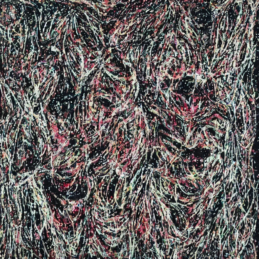 Image similar to camo made of teeth, smiling, abstract, francis bacon artwork, cryptic, dots, spots, stipple, lines, splotch, color tearing, pitch bending, faceless people, dark, ominious, eerie, hearts, minimal, points, technical, old painting, neon colors