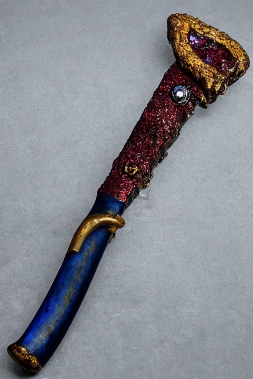 Image similar to a steel axe, of the highest quality. it is encrusted with blue garnet and encircled with bands of gold.