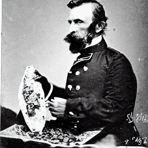 Image similar to a 1 8 5 8 photo of general pitzer a union general eating a large chicken burrito with cheese and salsa