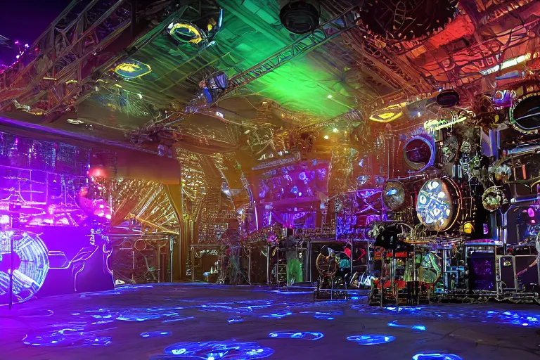 Image similar to an outdoor festival stage with audience, on stage is a rockband with 3 steampunk robots with guitars and drums, center of the stage is a big futuristic steampunk generator with gears and belts and tubes, laser show, 8 k, fluorescent colors, halluzinogenic, multicolored, exaggerated detailed, unreal engine