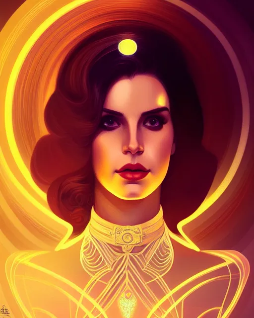 Image similar to symmetry portrait of lana del rey, glam, deco, glowing lights intricate, elegant, highly detailed, digital painting, artstation, concept art, smooth, sharp focus, illustration, art by artgerm and greg rutkowski and fra angelico and alphonse mucha