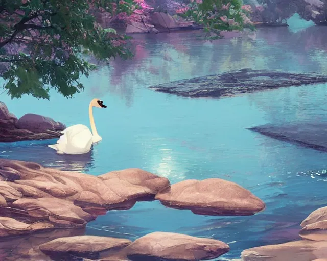 Prompt: a swan swimming in a river, ripples, reflections, blue water. Shady, trees bent over river, rocky shores. Anime, By Makoto Shinkai, Stanley Artgerm Lau, WLOP, Rossdraws, James Jean, Andrei Riabovitchev, Marc Simonetti, krenz cushart, Sakimichan, trending on ArtStation, digital art.