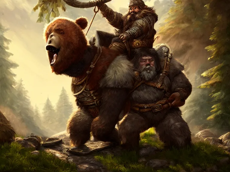 Prompt: Drunk Dwarf Woodsman riding Bear Companion into a Tavern, RPG Portrait Full Body, Oil Painting, Trending on Artstation, octane render, Insanely Detailed, 8k, HD