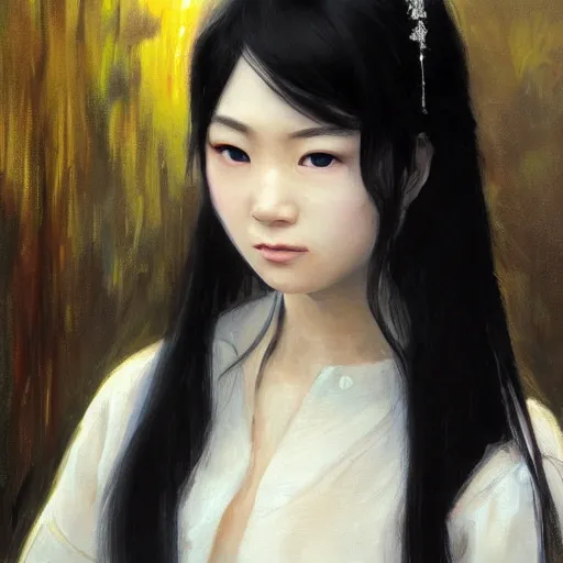 Image similar to Asian girl, watery black eyes, long wavy black hair, white veil, front closeup, highly detailed, centered, oil painting, artstation, concept art by Wrightson Bernie