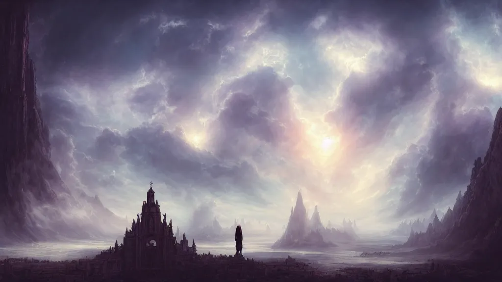 Prompt: wide shot of heaven, holy, people, oman, gothic, white, perfect 4 k, smokey, ole thomas style, giovanni paolo panini style epic, volumetric, symmetrical, extremely detailed, environment, insanely detailed, style of charlie bowater, kelly mckernan, flying angels, concept art