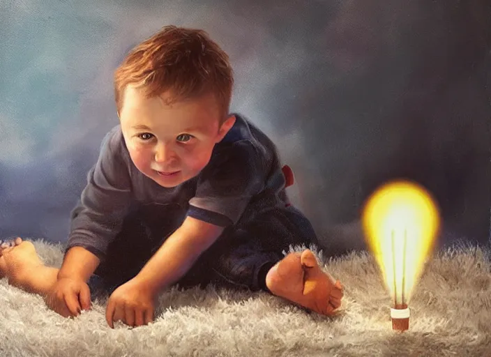 Image similar to toddler elon musk sitting on a shaggy rug playing with his little space rockets, realistic painting, beautiful soft lighting, istvan sandorfi