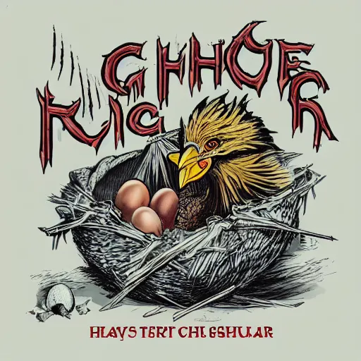 Prompt: Huge chicken and pile of eggs, heavy metal album cover, style of HR Geiger