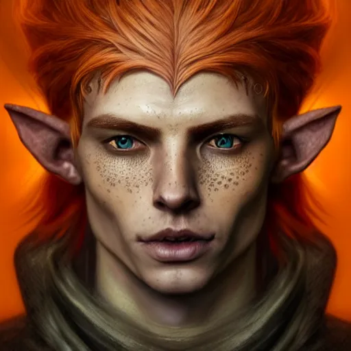 Prompt: portrait painting of an elven eladrin young man with short light orange hair and freckles and fine tribal tattoos on his cheekbones, ultra realistic, concept art, intricate details, eerie, highly detailed, photorealistic, octane render, 8 k, unreal engine. art by artgerm and greg rutkowski and charlie bowater and magali villeneuve and alphonse mucha