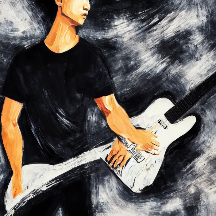 Image similar to abstract large swirly brush strokes painting of a young korean man wearing black low neck t shirt holding a telecaster!!! electric guitar!!, candid!! dark background, huge thick flowing dramatic brush strokes, matte colors, abstract, emotional masterpiece, impressionist, trending on artstation