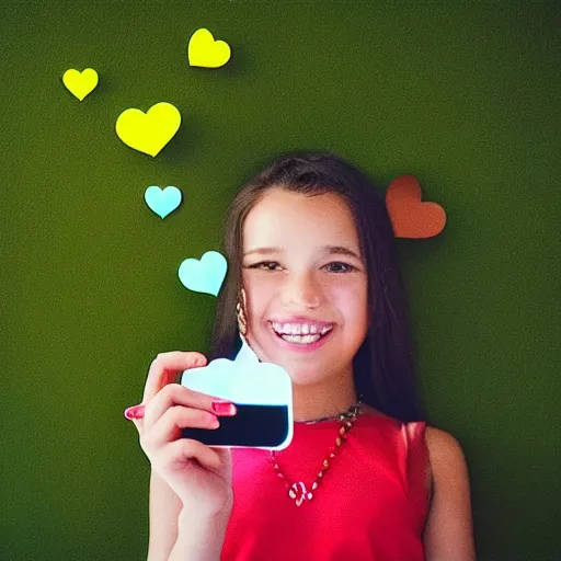 Image similar to “portrait of a young girl taking a selfie with heart emojis floating around”