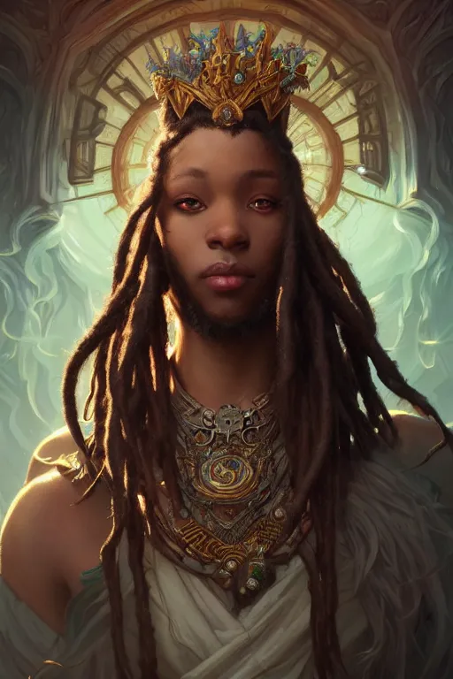 Image similar to photography of wise dreadlock king, deep focus, d & d, fantasy, intricate, elegant, highly detailed, digital painting, artstation, concept art, matte, sharp focus, illustration, hearthstone, art by artgerm and greg rutkowski and alphonse mucha