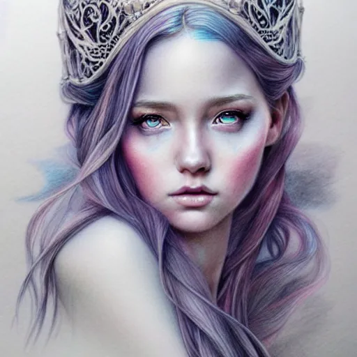 Image similar to hyper realistic pencil drawing of a fantasy princess, muted water color, full portrait, detailed, rim light, diffused, intricate, by anna dittmann