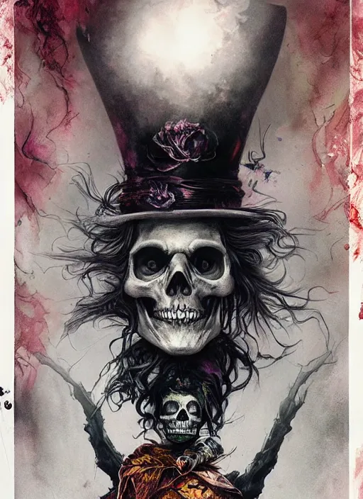 Image similar to mad hatter death tarot card, highly detailed, half skull face, cinematic, 8 k, by stanley artgermm, tom bagshaw, greg rutkowski, carne griffiths, ayami kojima, beksinski, giger, trending on deviantart, hyper detailed, horror, full of colour