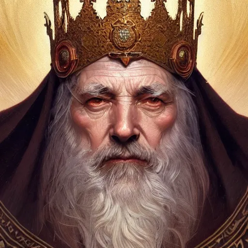 Image similar to ultra realistic illustration of a medieval old king, intricate, elegant, highly detailed, digital painting, artstation, concept art, smooth, sharp focus, illustration, art by artgerm and greg rutkowski and alphonse mucha