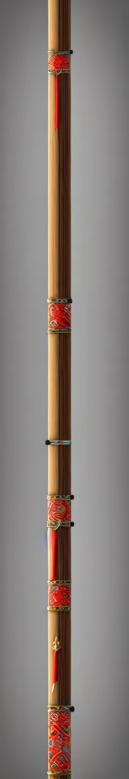 Image similar to single wooden long straight thin ninja fighting staff decorated with oriental ornaments, polished, weapon, highlight, vertical, centred, highly symmetric, sci - fi, fantasy, japan, dnd, close shot, bright uniform background, directional lighting, digital art, hyperrealism, award winning, 8 k, trending on art station