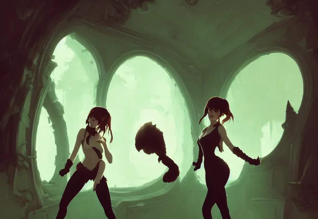 Image similar to emma watson as evil catgirl in the oval cabinet, fantasy, by atey ghailan, by greg rutkowski, by greg tocchini, by james gilleard, by joe gb fenton, dynamic lighting, gradient light green, brown, blonde cream, salad and white colors in scheme, grunge aesthetic