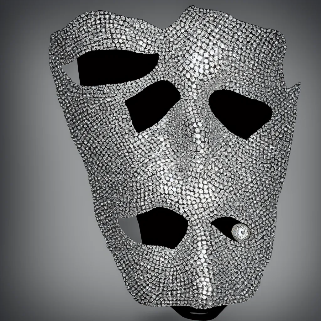 Image similar to an album cover photo portrait of a man with a diamonds mask on his head, behance contest winner, award winning, masterpiece, pop surrealism, made of diamonds, surrealist, 80mm close up (CU) f/1.8-3