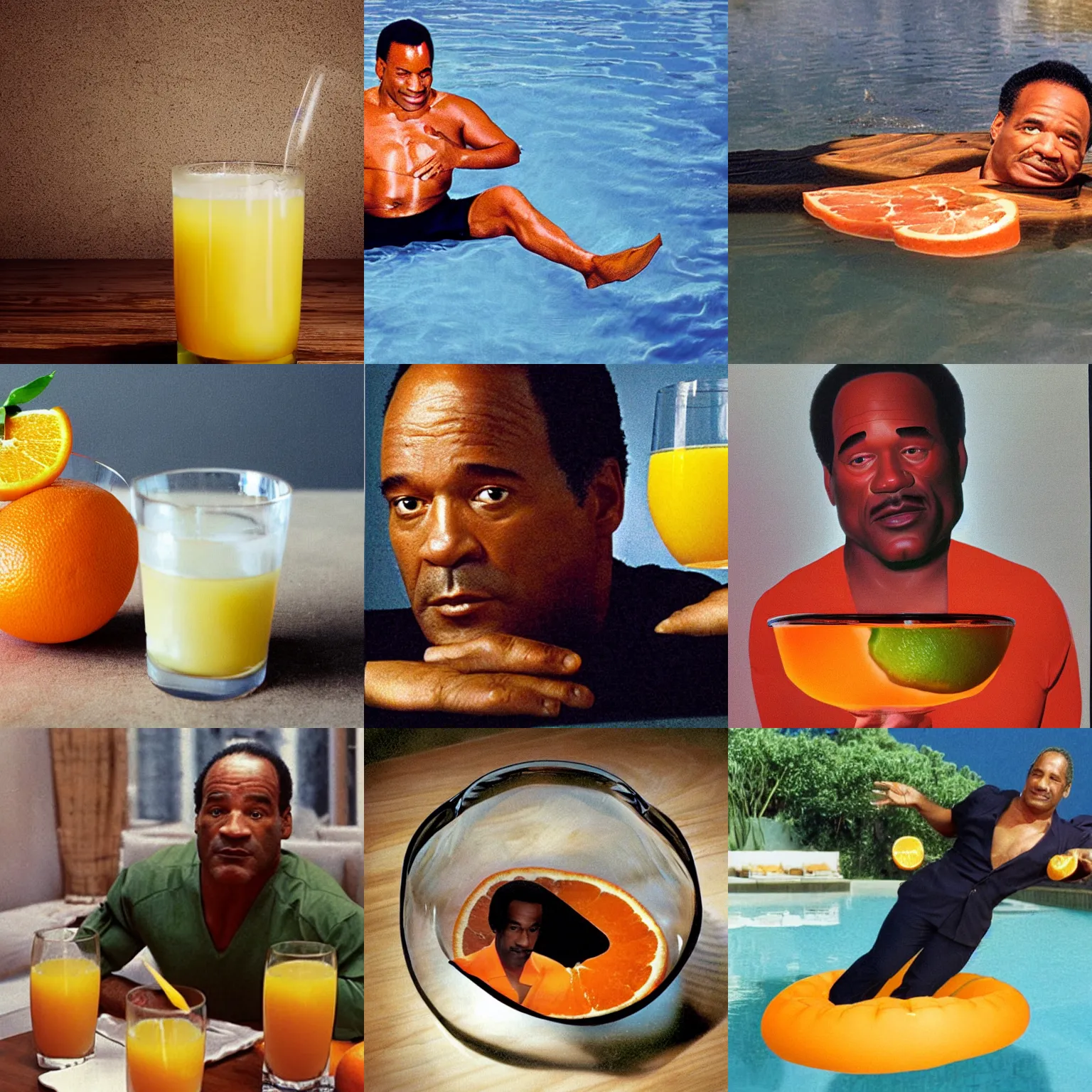 Prompt: ( shrunk down o j simpson ) floating in floating in [ a glass of orange juice ]