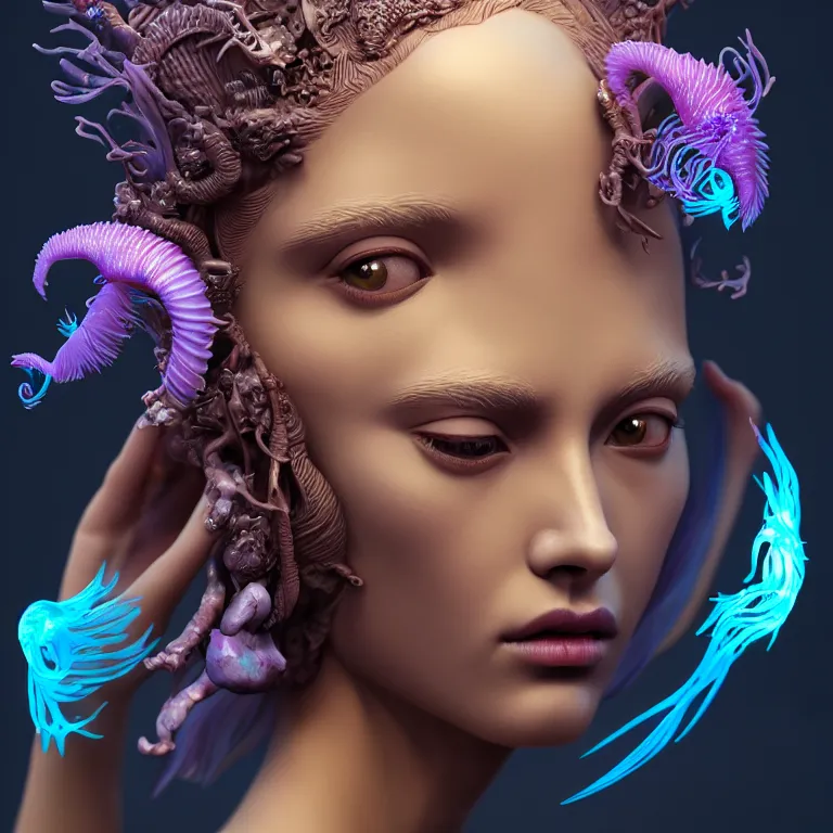 Image similar to goddess full painted acryllic sculpture close-up portrait. orchid bird phoenix jellyfish betta fish, intricate artwork by Tooth Wu and wlop and beeple. octane render, trending on artstation, greg rutkowski very coherent symmetrical artwork. cinematic, hyper realism, high detail, octane render, 8k