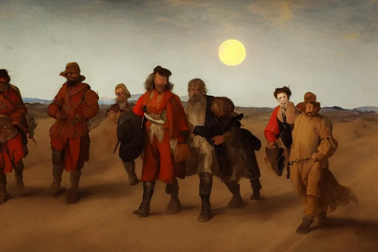 Prompt: group ghosts walking through the desert with a red moon on the horizon, in the style of jan lievens, diego velazquez, joaquin sorolla, highly detailed, elegant, intrincate, colorful, vivid, realist style, hyperdetailed, 4 k resolution, matte painting