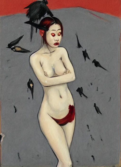 Prompt: a painting of gorgeous asian college girl standing on the knees with frozen cold stare, blood red background, transparent gray dresses, crows flying with red eyes trapped in the void as a symbol of death, in style of Edward Hopper, surrealism of Francis Bacon painting, John Singer Sargant, Chaim Soutine and Frank Auerbach, American Gothic, 8k, ultradetailed