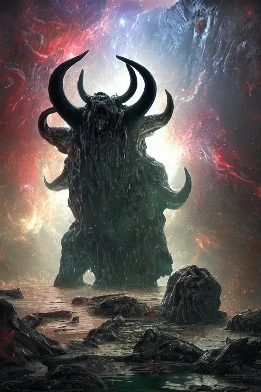 Image similar to a huge muscular demon with ram's horns and glowing eyes emerges from a pond on rocky alien world, water splashing cascading, alien flora and fauna, space background nebula nasa, by ruan jia, jack kirby, norman rockwell, wayne barlow, sergey krasovskiy, zdzislaw beksinski, artstation 3 d render character creature