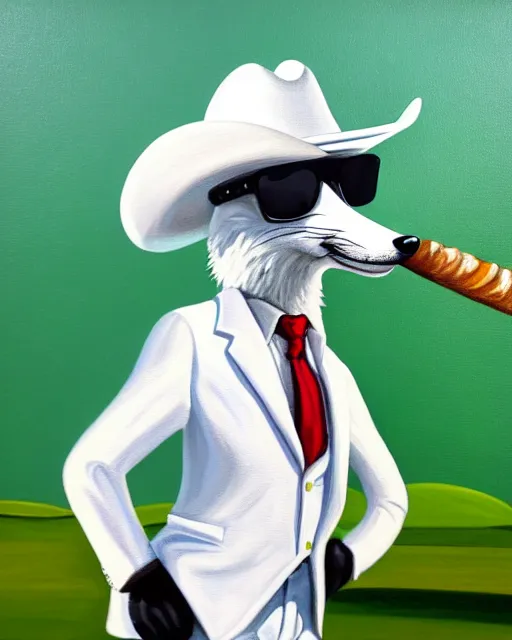 Prompt: close up painting portrait of anthropomorphic fox animal wearing a white suit, white cowboy hat, and reflective sunglasses, smoking cigar, fox animal, highly detailed, golf course in background, reflective aviator sunglasses, painting,